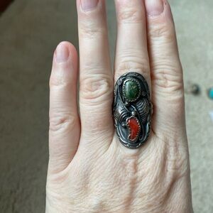 Artisan Silver Ring with Green and Red Stones